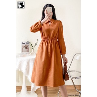 Đầm nữ công sở dự tiệc dáng midi xòe chun eo cổ sơ mi chất nhung tăm Twentyfive SD36