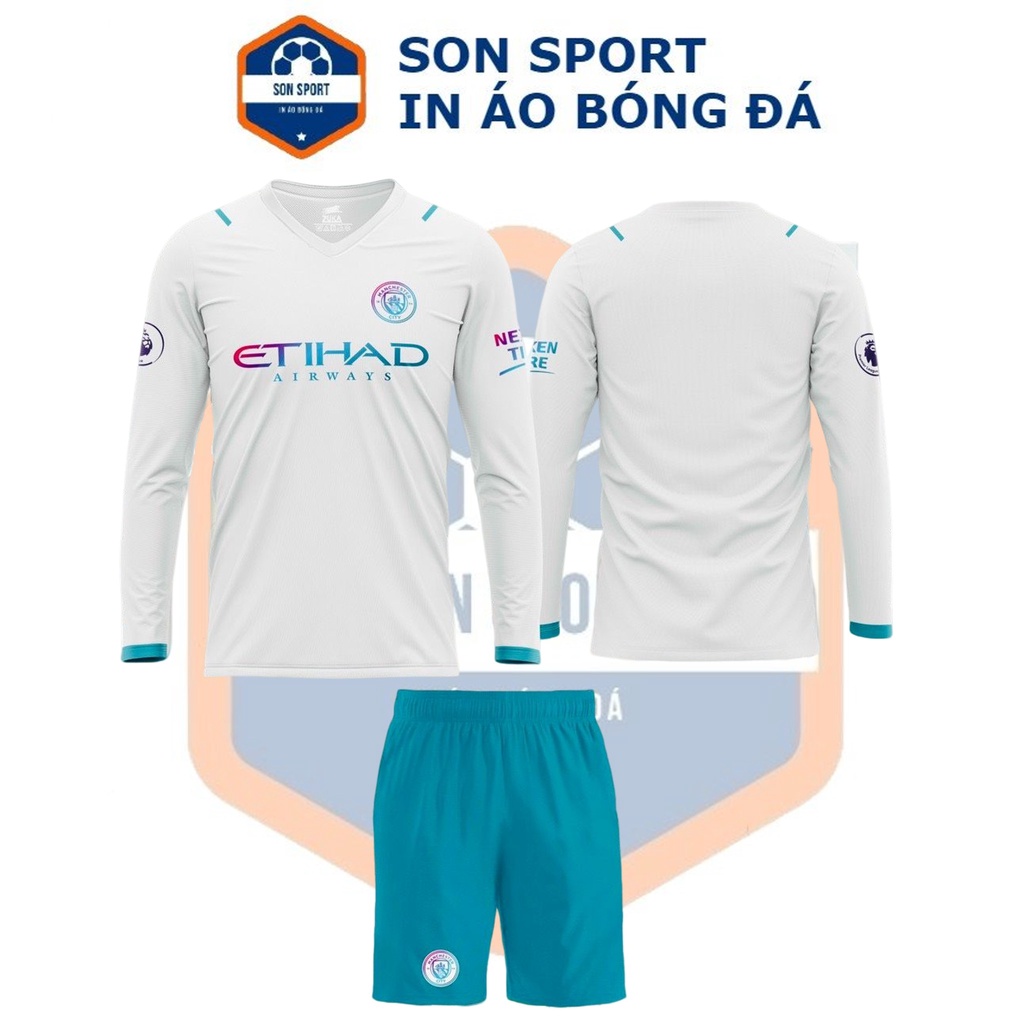 Bộ quần áo bóng đá Dài tay Thun thái CLB Manchester City xanh, trắng, đen