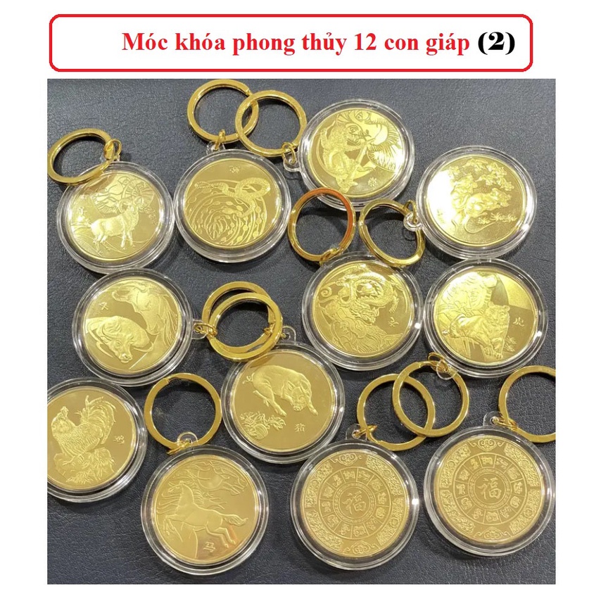 Lì xì 2023 Móc khóa Đồng xu phong thủy hình 12 con giáp Niken mạ vàng kèm hồng bao QTT000377