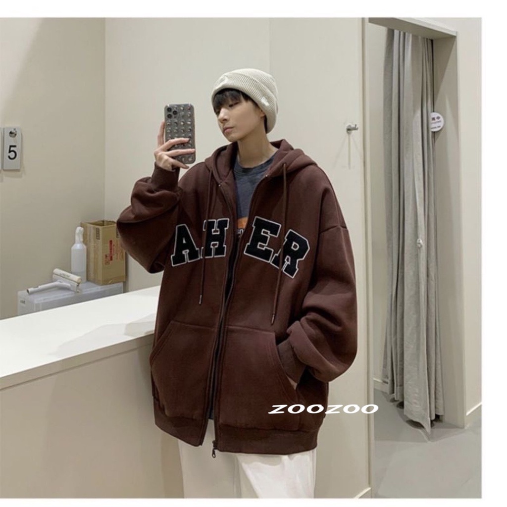 Áo khoác hoodie nỉ bông dây kéo AHER form rộng unisex nam nữ Zoozoo ulzzang