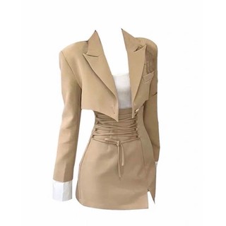 Set áo croptop blazer vest PLAYHARD kèm chân váy cạp cao đan dây ôm body