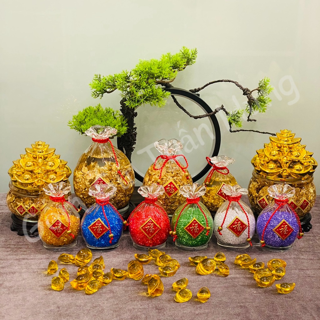 Túi tiền vàng tài Lộc, Túi ngũ sắc kim cương chất liệu thủy tinh có đế dầy hàng cao cấp loại 1 , ảnh thật