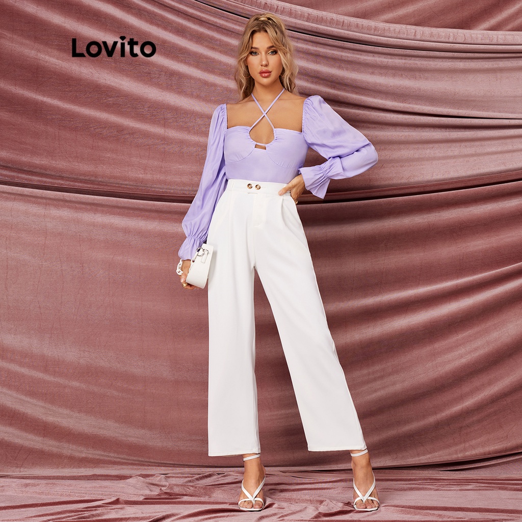 Lovito DAY &amp; NIGHT GLAMOR Elegant Plain Halter Cut Out Bishop Sleeve Ruched Women Blouse L32LE033 (Tím)