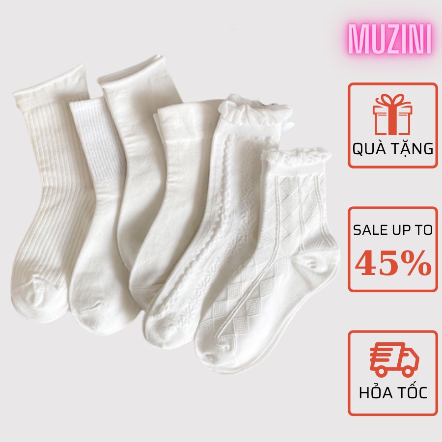 Tất trắng Muzini vớ cao cổ bèo nhún họa tiết trắng tinh khôi phong cách hàn quốc dễ thương TN136