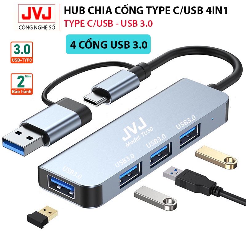 Hub USB TypeC C4 JVJ 4 trong 1 cổng chuyển đổi chia cổng Type-C/USB sang USB 3.0/2.0 cho MacBook laptop - BH 2 năm