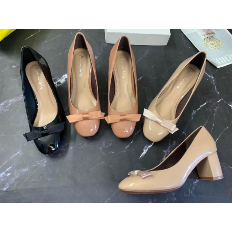 Giày cao gót nữ mũi vuông gót trụ cao 5 phân hàng VNXK gắn nơ lụa xinh