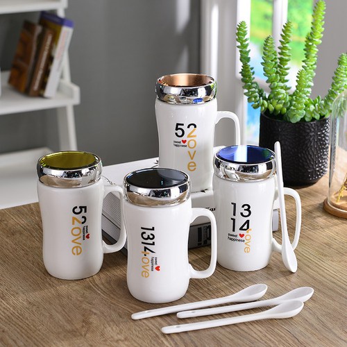 Cốc Sứ Giữ Nhiệt 450ml Nắp Tráng Gương Có Tay Cầm