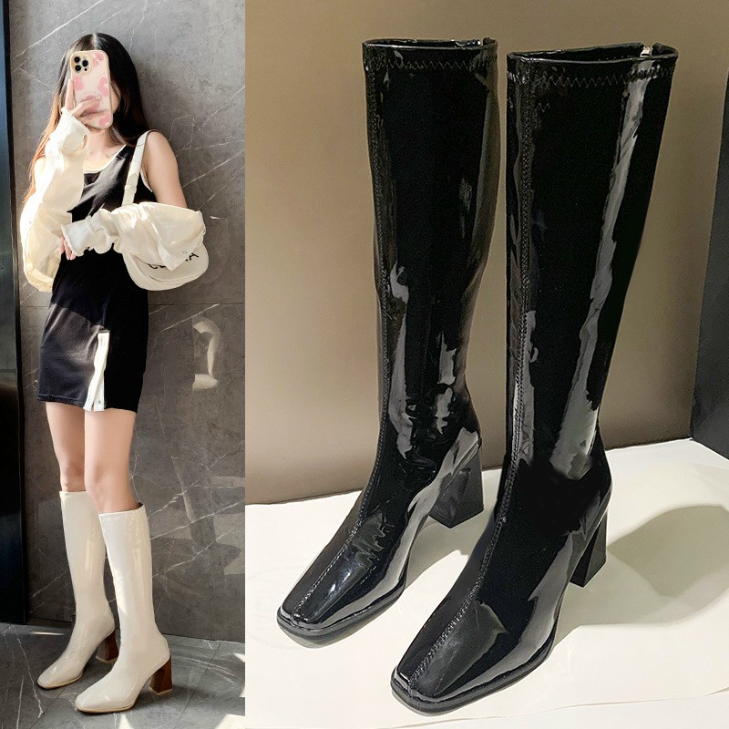 9010 - BEST SHOP- Bốt Nữ Đùi Da Bóng Đế Vân Gỗ Khóa Cạnh Siêu Hot Sẵn Hàng 2 Màu Đen Kem