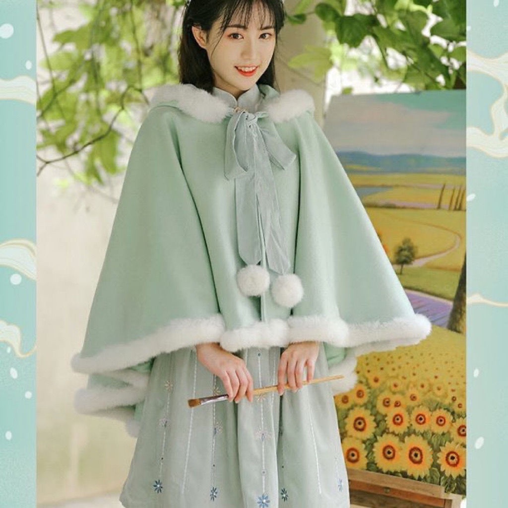 Áo Choàng Hán Phục Cách Tân Có Mũ Trùm Bằng Lông Cừu Dày Dặn Cỡ Lớn Đến 150kg Phong Cách Mới