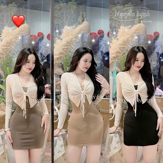 Thun lụa-set đầm kèm áo rút giữa chất thun lụa mềm mát