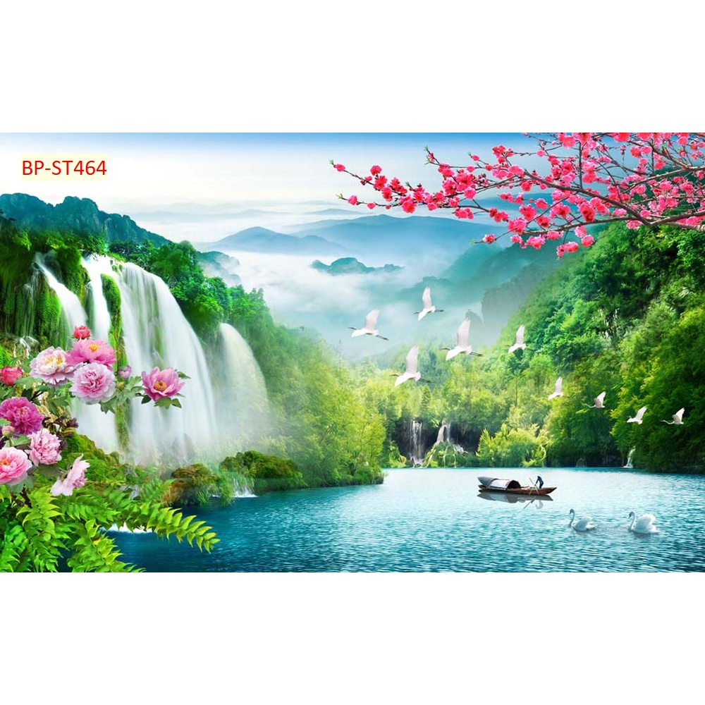 Tranh 3D Dán Tường Sơn Thủy Núi Non Thác Nước