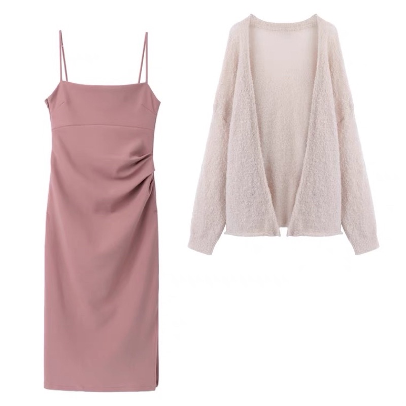Sét váy hai dây ôm body + Áo khoác len cardigan dáng dài