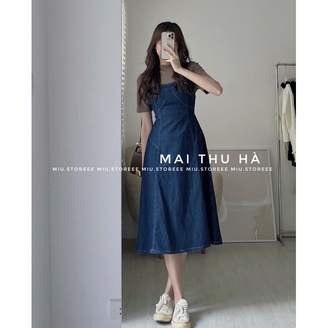 VÁY YẾM DENIM VIỀN CHỈ DÁNG XOÈ VYDVCD