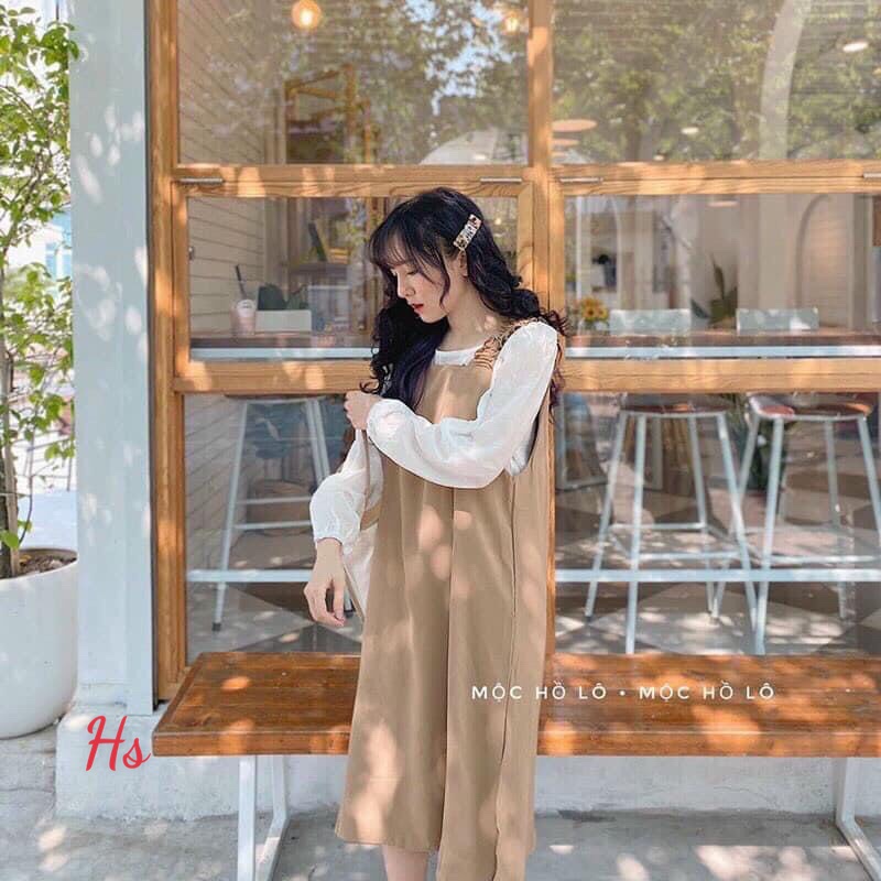 Set Váy Yếm Nhung Nhỏ Xẻ Tà Vintage Xinh Xắn Kèm Áo Thun 2 Màu