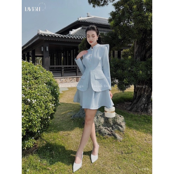 Đầm nữ xanh mint cổ tàu vạt chéo hàng 2 lớp