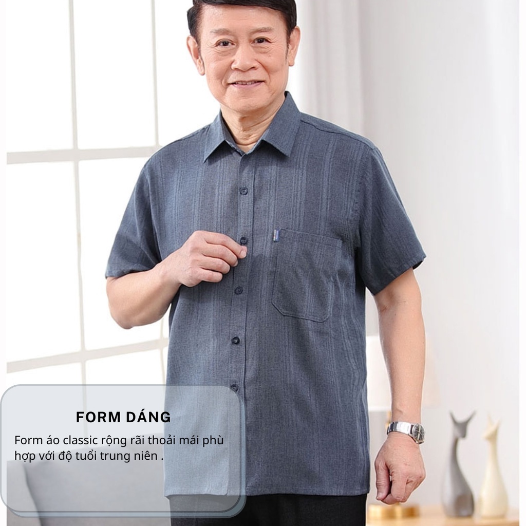 Áo sơ mi nam trung niên tay ngắn vải đũi cao cấp mềm mát form rộng có túi ADUI15