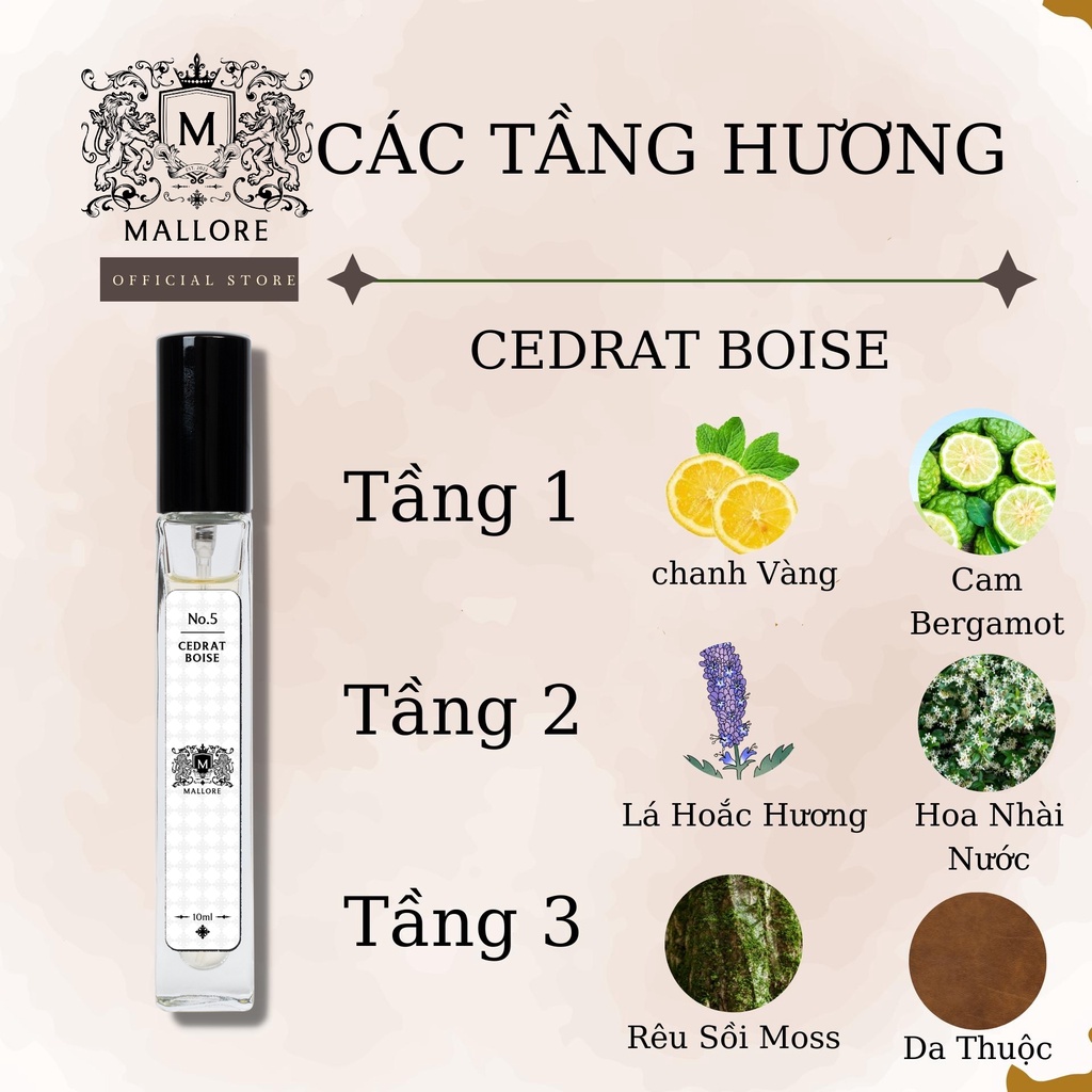 Nước hoa dạng xịt Mallore Cedrat boise 10ml, nữ tính, nhẹ nhàng, trang nhã