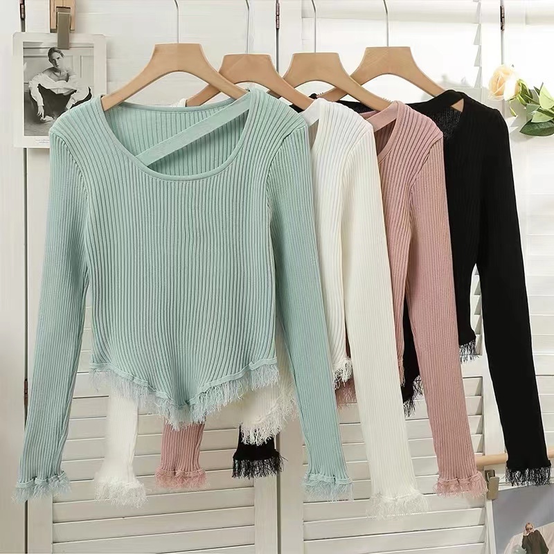 Áo sweater Tay Dài Phối Tua Rua Lệch Cá Tính Thời Trang