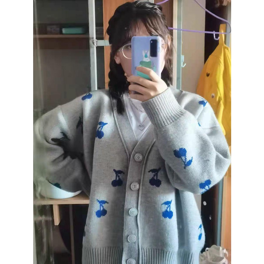Cardigan họa tiết cherry anh đào màu / xanh biển chất mịn