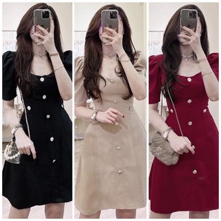Đầm cổ V nút vàng 3 màu