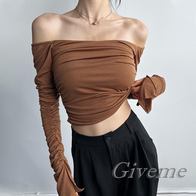 Áo Croptop Trễ Vai Tay Dài Màu Sắc Thanh Lịch Cho Nữ