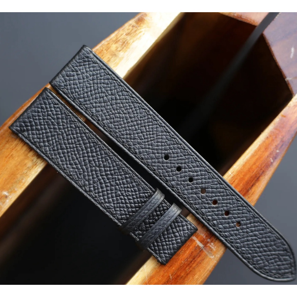 Dây da đồng hồ handmade Da epsom đen