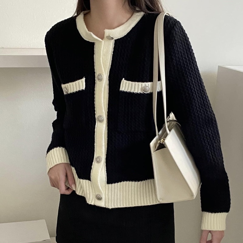 Áo len tay dài cổ tròn phối màu áo len cardigan tay dài dày dặn phong cách Hàn Quốc