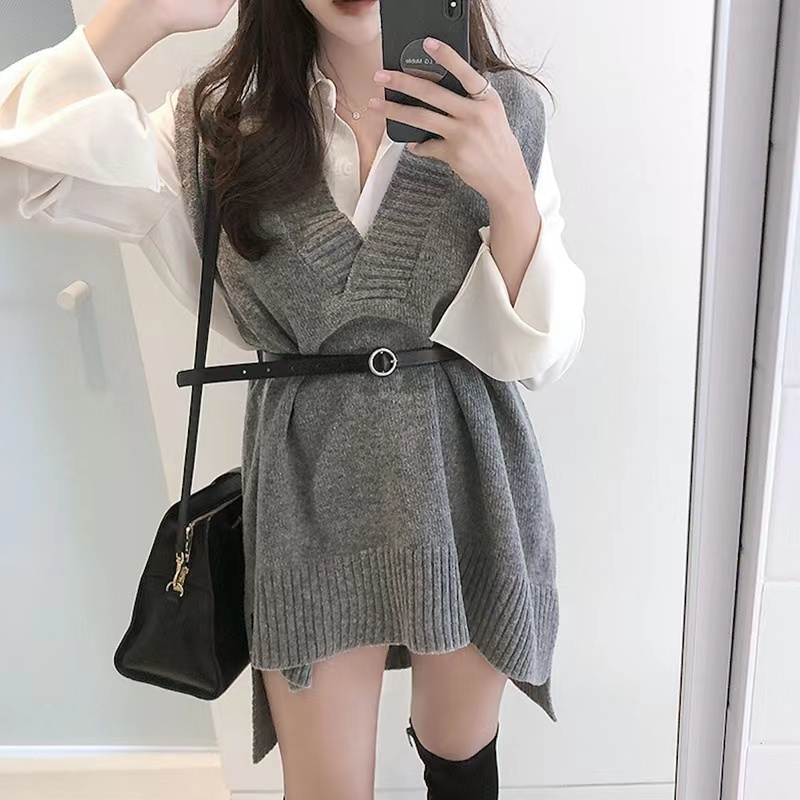 Áo dệt kim SUXI không tay phối thắt lưng phong cách Hàn Quốc thời trang thu đông cho nữ