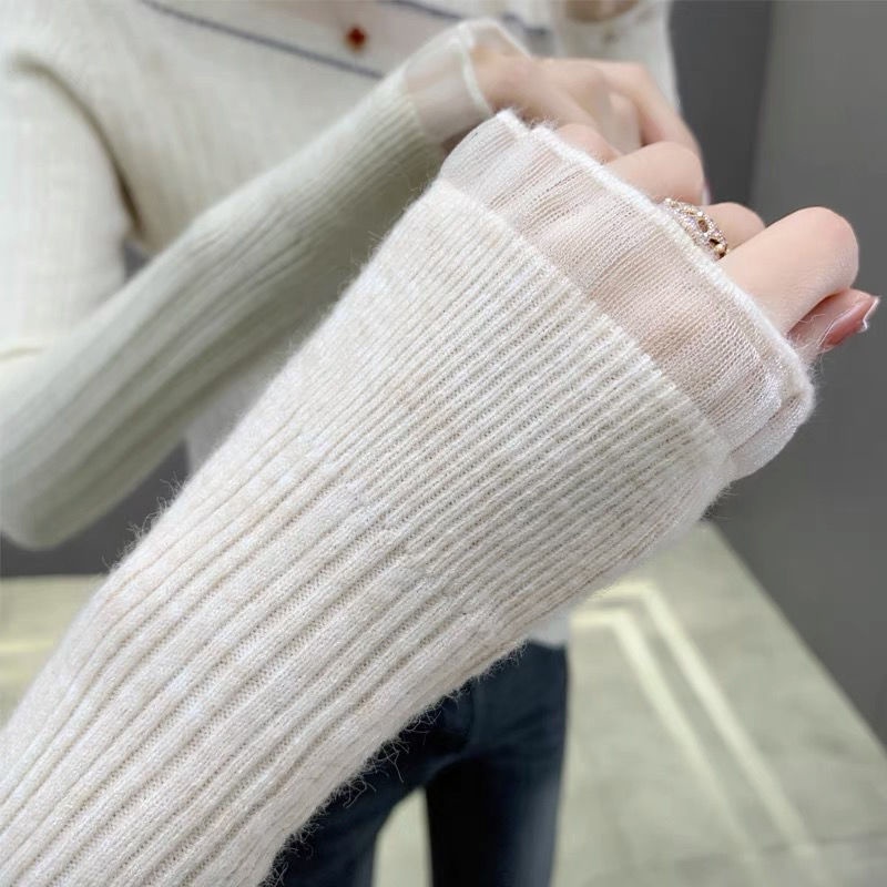 Áo Len Nữ Dài Tay Cổ Cao Phối Ren Thời Trang