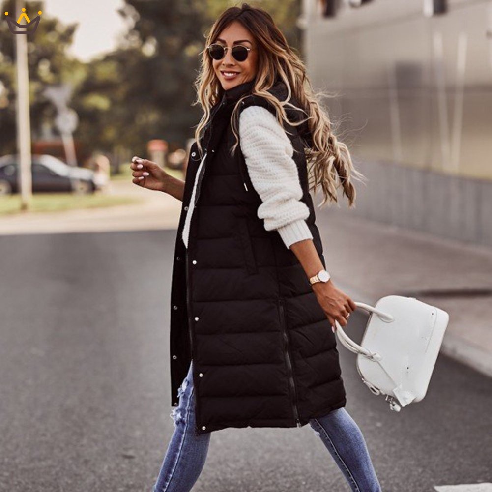 Áo Khoác Hoodie Sát Nách Dáng Dài Thời Trang Mùa Đông Cho Nữ