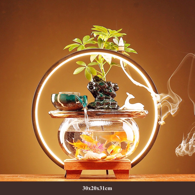 Thác nước phong thủy khói hương trầm. Bể cá tiểu cảnh mini để bàn