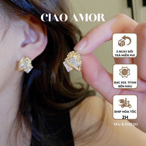 Khuyên tai nữ, Bông tai nữ đuôi bạc 924 đá CN đính viền cá tính Trang sức Ciao Amor - KT0220