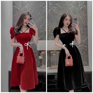 Đầm nhung cổ vuông dây cổ yếm đính đá nơ eo