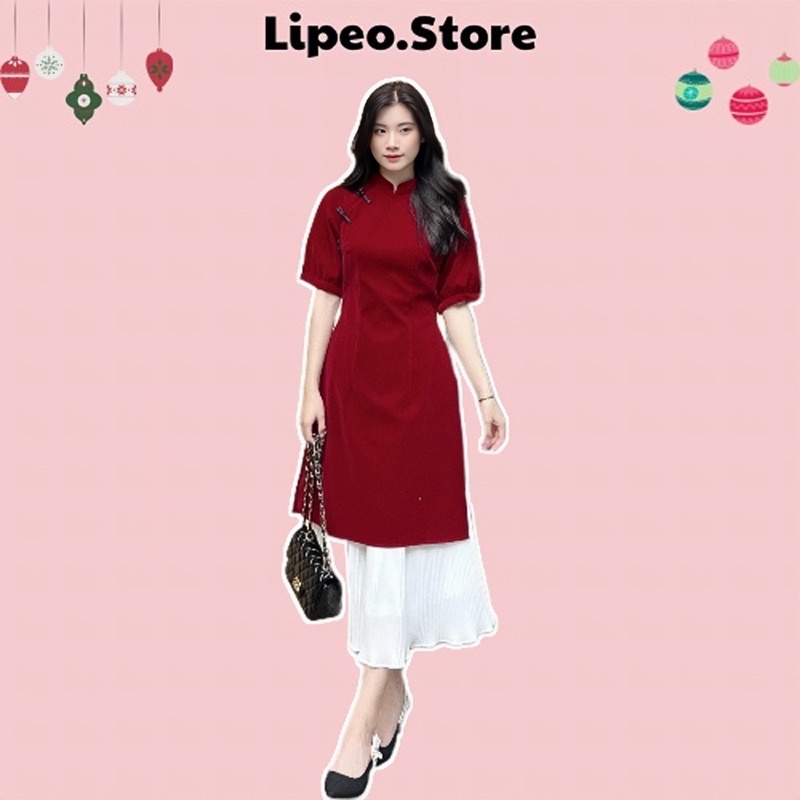Set áo dài nhung đỏ tay bồng mix chân váy dập li, Lipeo.store