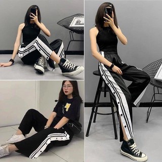 Quần dài ống rộng phối sọc nút bấm xẻ tà nam nữ ăn gian chiều cao q017 anyashop234