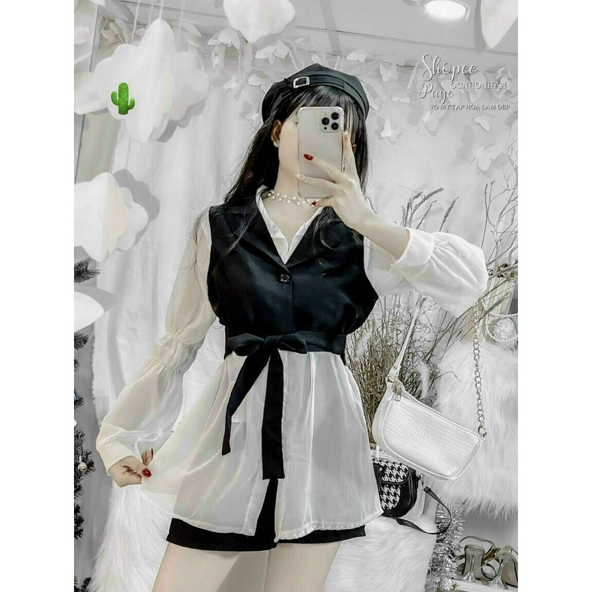 Sét Hai Món Áo Sơ Mi Cổ Bẻ Gài Nút Tay Dài Kết Hợp Áo Khoác Vest Cá Tính TTPK0548