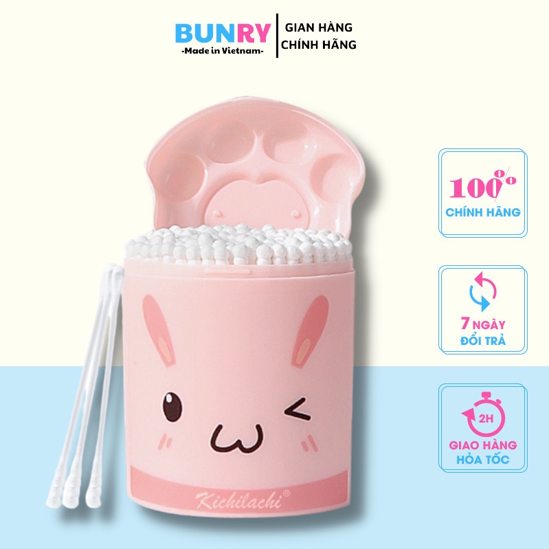 Tăm bông Kichi thỏ hồng 100% bông tự nhiên, mềm thấm nước an toàn, tăm bông sơ sinh tiệt trùng bằng nhiệt Bunry shop