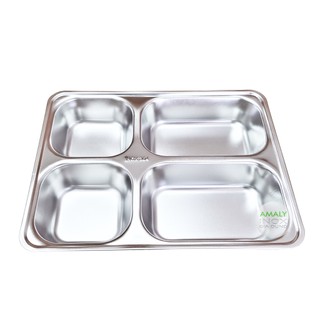 Khay cơm inox - khay sâu lòng 4 ngăn inox 304- nắp nhựa
