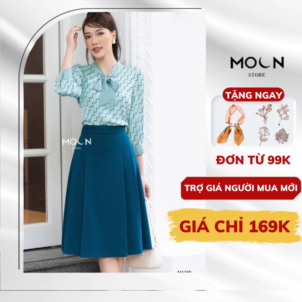 Set váy áo công sở nữ, áo sơ mi họa tiết ziczac mix chân váy xòe dáng dài MA159 Moon
