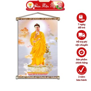 Tranh phật treo tường phật a di đà đứng chân thiện mỹ, chất liệu vải lụa kim sa khung gỗ 40x60cm adđpđ-40