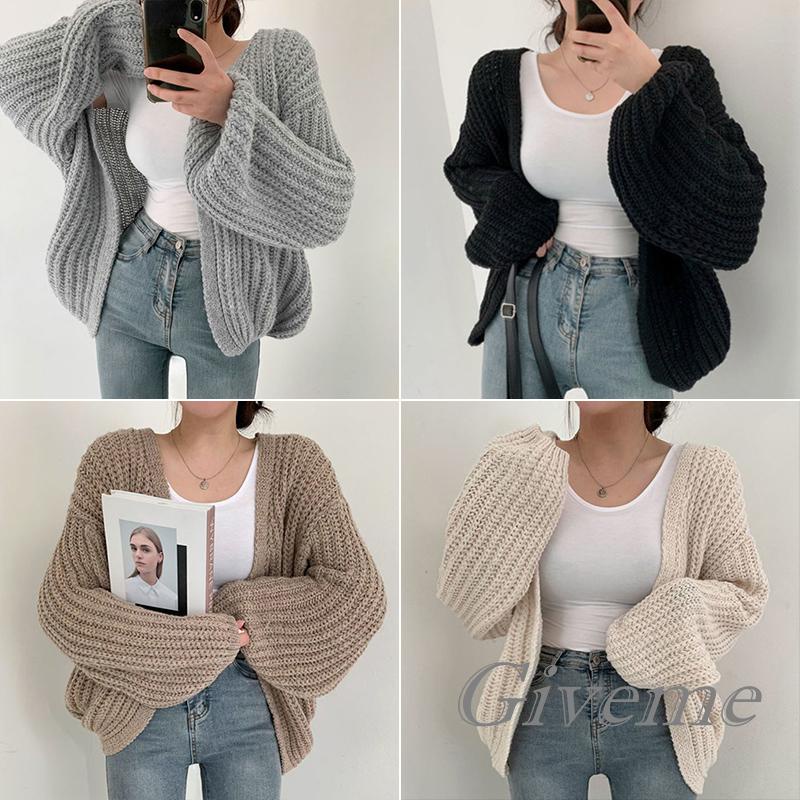 Áo Khoác Cardigan Dệt Kim Tay Phồng Màu Trơn Dáng Rộng Phía Trước Cho Nữ Giới