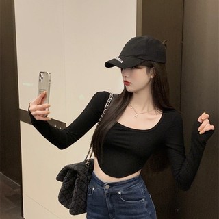 Áo croptop tay dài thun gân cổ vuông vạc bầu