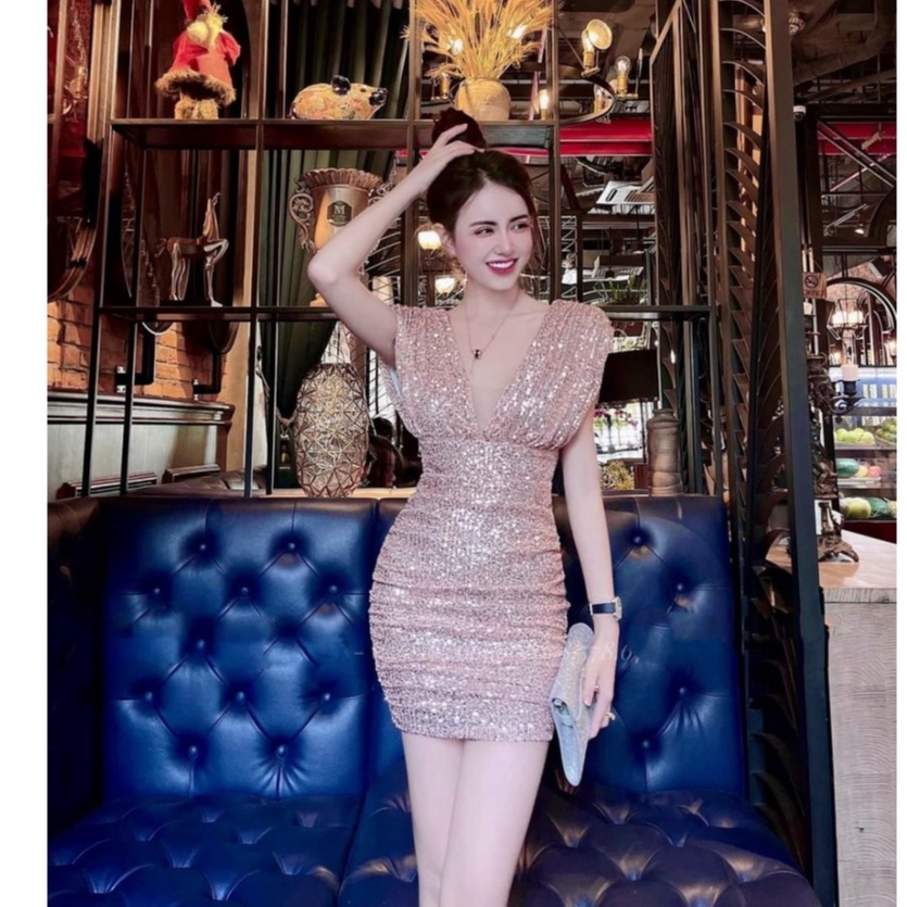 Váy body kim sa - đầm tiểu thư ôm body kim sa cổ v tay cánh dơi mẫu thiết kế cao cấp