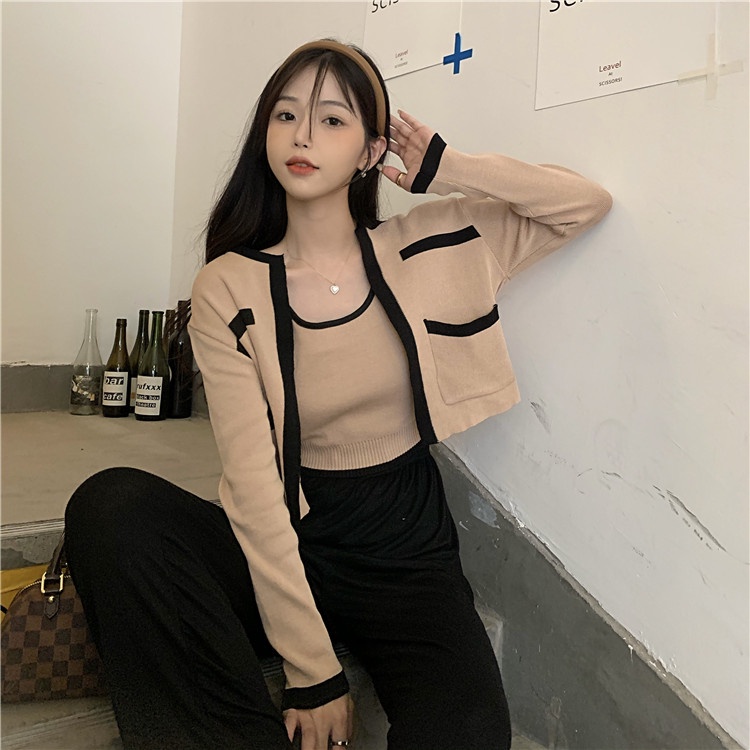 ZHELIHANGFEI Bộ Áo Cardigan Dệt Kim Tay Dài + Quần Lưng Cao Quyến Rũ Thời Trang Cho Nữ