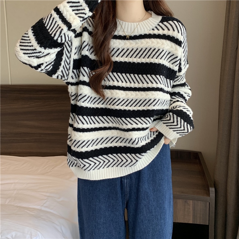 Áo len ZHELIHANGFEI tay dài form rộng họa tiết kẻ sọc phong cách Nhật Bản