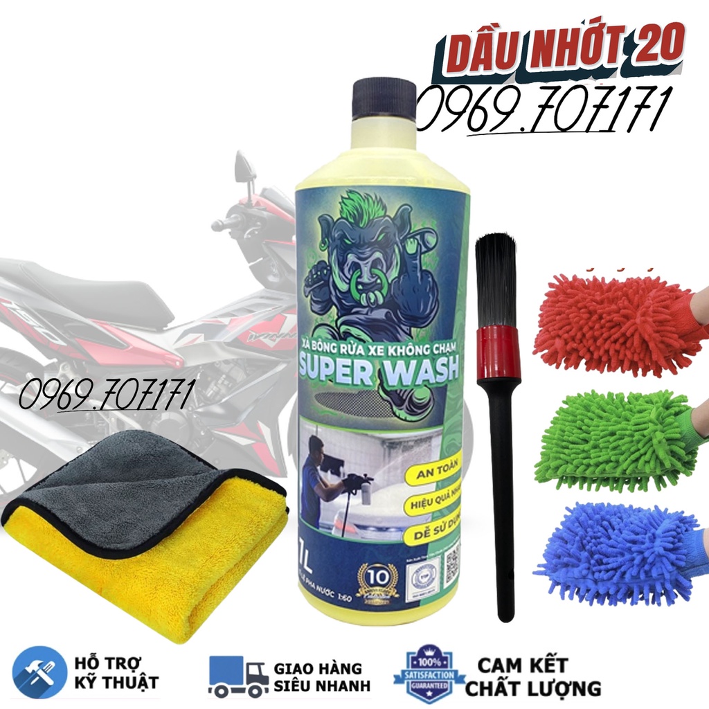 Combo Xà bông rửa xe không chạm Sprayking Super Wash 1L Kèm găng tay rửa xe, cọ cán đen, khăn vàng xám