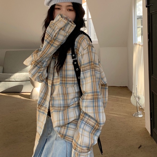 SUXI Áo Sơ Mi Tay Dài Dáng Rộng Sọc Ca Rô Phong Cách Cổ Điển Thời Trang Cho Nữ