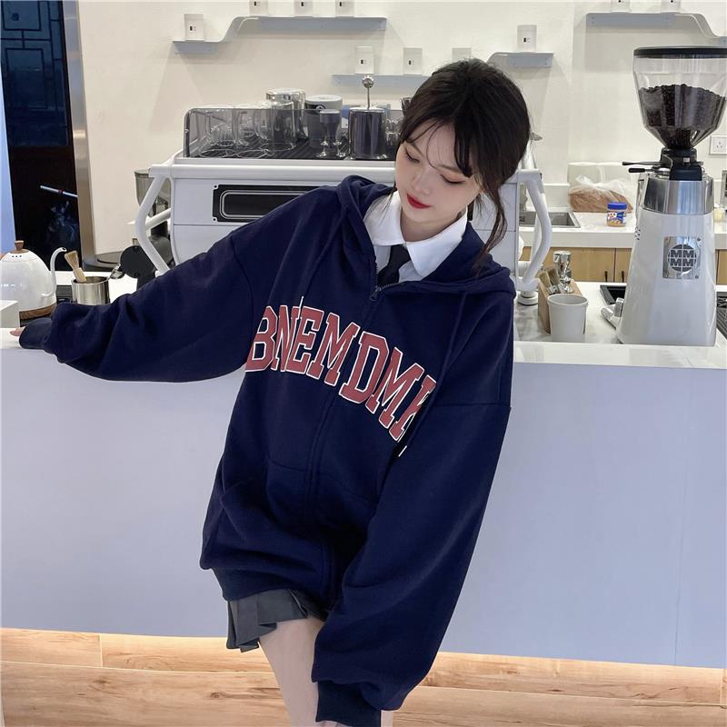 IELGYÁo Hoodie Mỏng Tay Dài Dáng Rộng Có Khóa Kéo In Chữ Phong Cách Hàn Quốc Cho Nữ
