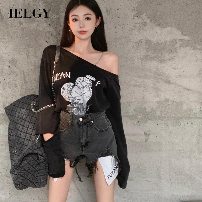 IELGYÁo Thun Nữ Dài Tay Lệch Vai In Họa Tiết Màu Đen Thời Trang
