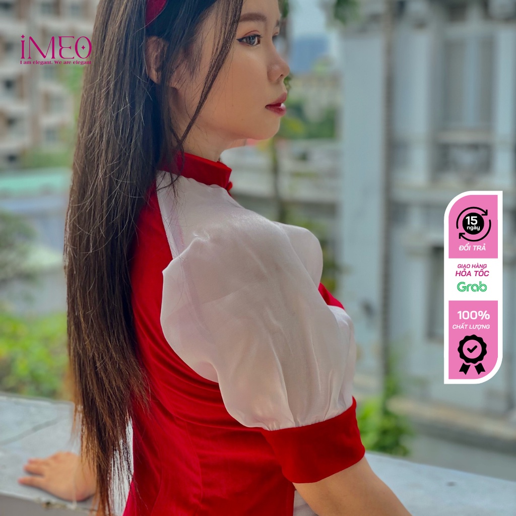 Áo dài cách tân, áo dài truyền thống cách tân chất nhung cao cấp màu đỏ tươi đỏ đô ao dai IMEO
